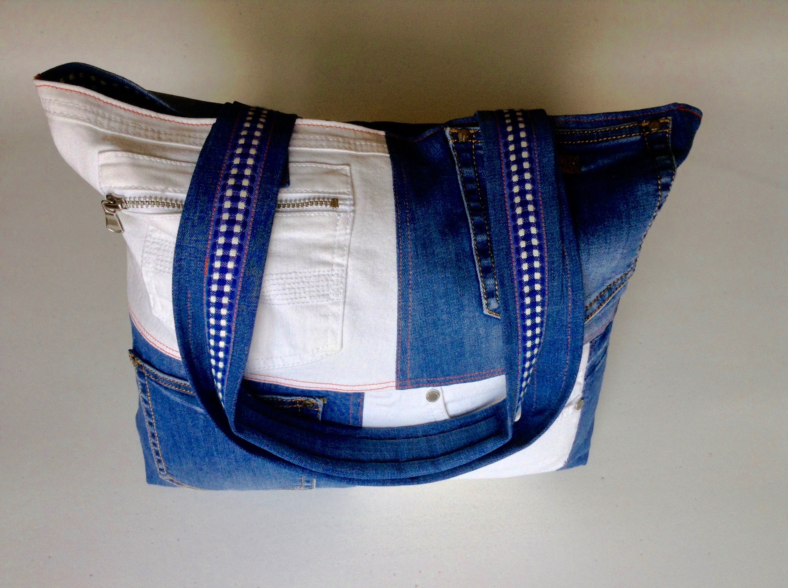Recycled Denim Tote Bag in Blue and White With Soft Straps a - Etsy