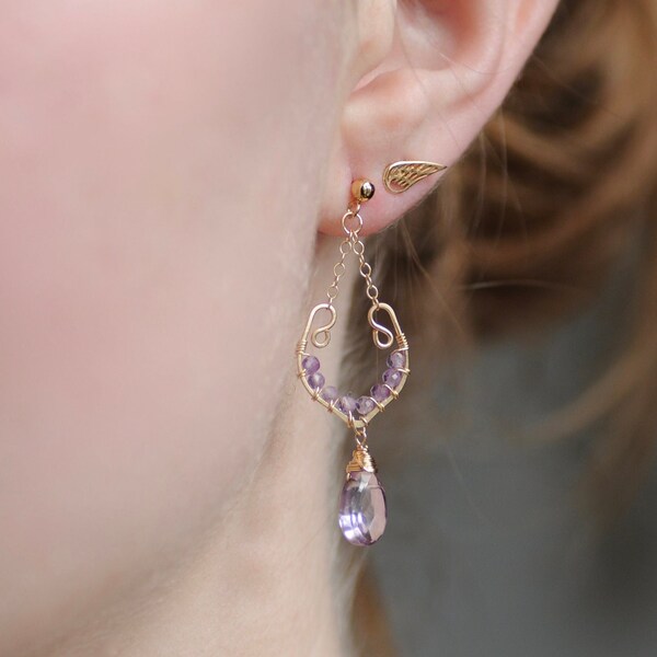 14k Gold Filled Pink Amethyst and Ametrine Earrings, Chandelier, Delicate Drop, Statement Stud, Chic, Purple, Lilac, Wire Wrapped, Gift