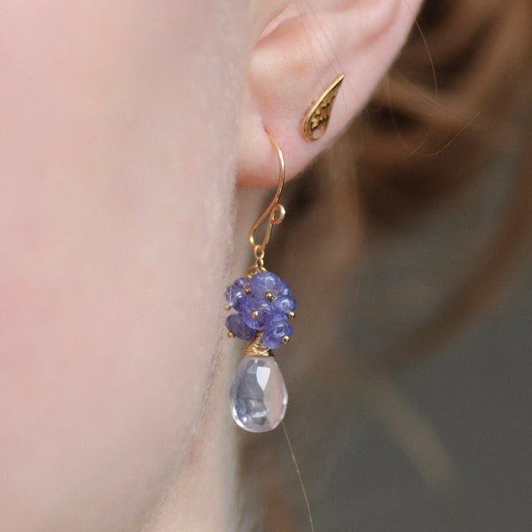 14k Gold Filled Lavender Quartz and Tanzanite Earrings, Genuine Gemstones, Cluster, Scorolite, Chic, Lilac, Blue, Pastel, Briolette, Gift