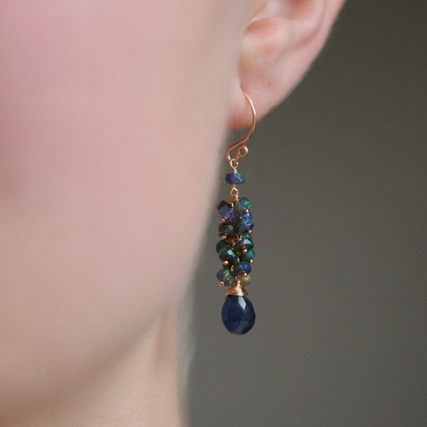 14k Gold Filled Blue Sapphire and Black Ethiopian Opal Earrings, Genuine Gemstones, Long Delicate Cluster, Chic, Flashy, Dark Briolettes