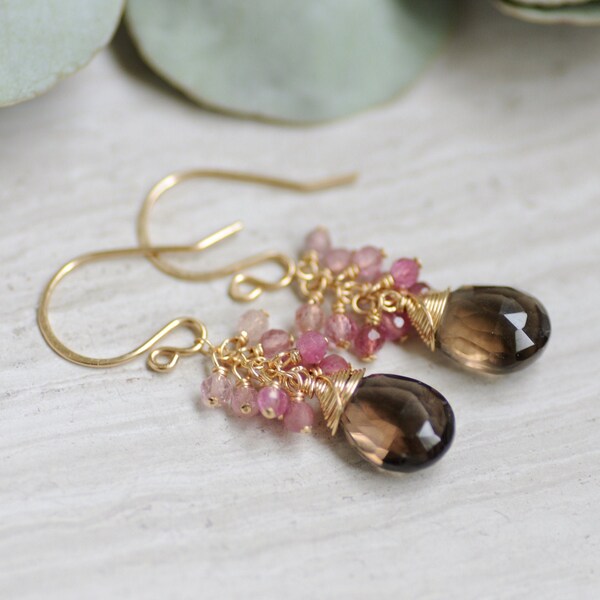 14K Gold Filled Smoky Quartz and Pink Tourmaline Earrings, Smokey, Brown, Faceted Teardrop Briolettes, Ombre, Shaded, Delicate Cluster, Gift