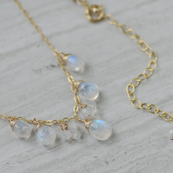 14K Gold Filled Rainbow Moonstone Necklace, White Pear Briolettes, Blue Flash, Multi Drop, Gemstone Jewelry, Gift, Delicate Cluster