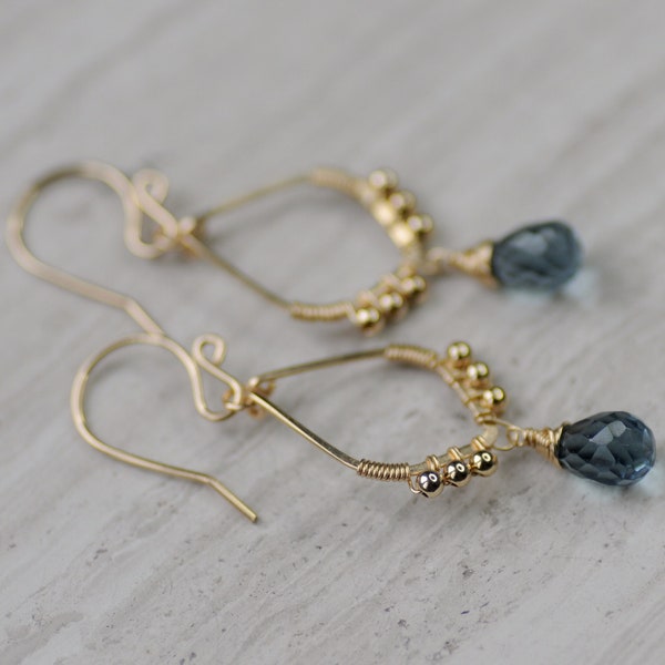 14k Gold Filled London Blue Hydro Quartz Earrings, Gemstone Chandelier, Delicate Drop, Fancy Shape, Chic, Blue, Wire Wrapped, Gift, Beaded