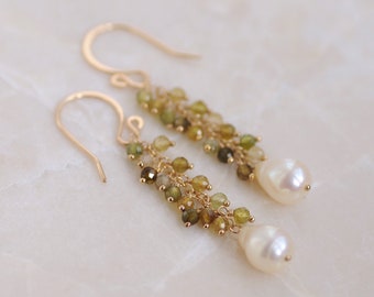 14k Gold Filled Baroque Pearl Green Tourmaline Dangle Earrings