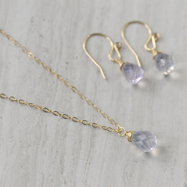 14K Gold Filled Lavender Quartz Set, Earrings and Necklace, Scorolite Drop, Faceted Gemstone Briolette, Solitaire, Simple, Lilac, Purple