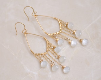 14k Gold Filled White Moonstone and Pearl Earrings, Large Chandeliers, Briolettes, Flashy, Gemstone, Fancy Dangles, Delicate, Boho Chic