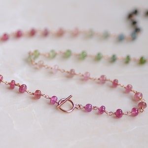 14K Rose Gold Filled Tourmaline Necklace, Ombre Watermelon Tourmaline Beads, Delicate Gemstone Jewelry, Rosary Style, Beaded, Pink, Green
