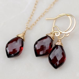 14K Gold Filled Set, Red Garnet, Necklace and Earrings, Matching Jewelry Set, Gift for Women, AAA Burgundy Gemstones, Dolfish, Marquise