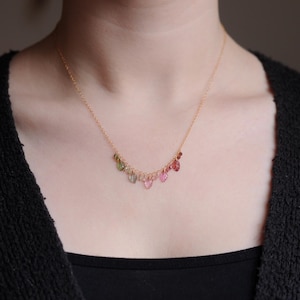 14K Gold Filled Tourmaline Carved Leafs Necklace, Ombre Watermelon Tourmaline Beads, Delicate Gemstone Jewelry, Pink, Green, Drops