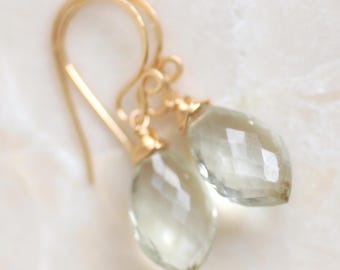 14k Solid Gold Green Amethyst Earrings: Marquise Briolette Drop
