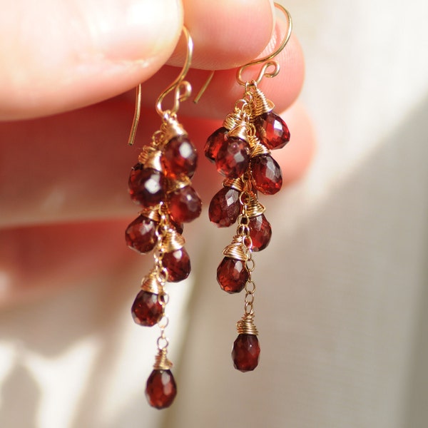 14k Gold Filled Red Garnet Earrings, Gemstones, Fancy Drop, Chic, Wire Wrapped Fancy Briolettes, Gift for Women, Dark Red Cluster, Teardrop