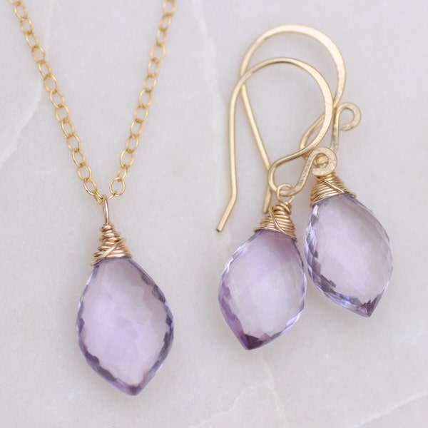 14K Gold Filled Set, Pink Amethyst, Necklace and Earrings, Matching Jewelry Set, Gift for Women, AAA Lilac Gemstones, Dolfish, Marquise