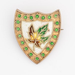 Op de afbeelding: Een zilveren broche in de vorm van een schild met een groen en bruin esdoornbladontwerp. Het schild is omrand met een gouden rand en groene stippen.