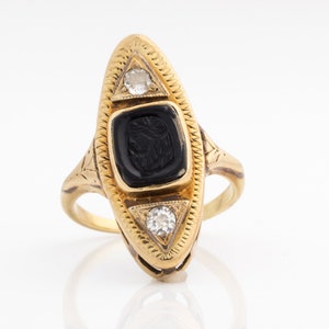 Circa 1910 Art Deco Diamond, 9k Yellow Gold, Onyx Cameo Ring, VJ #583