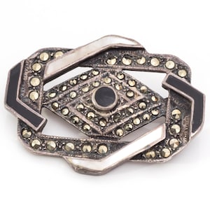 Circa 1960s Sterling Silver, Marcasite, Onyx and Opal Brooch, VJ #749