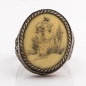 Circa 1900s Antique Silver Filigree & Etched Bone Chinese Martial Arts Master Ring, VJ #351