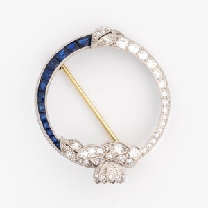 Circa 1915 Antique Edwardian Era Platinum, 14k Yellow Gold, Blue Sapphire & Diamond Brooch Pin, FD#69