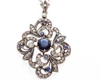 Victorian 1890s Sapphire & Diamond Pendant with 14k Gold Chain, VJ #1028