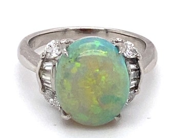 Circa 1950 4.41 Carat Opal and Diamond Ring in Platinum, FD#1903