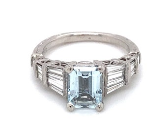 Circa 1980s 2.0 Carat Aquamarine and 1.17 Carat Diamond Ring in Platinum, FD#55A-ATL