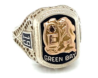 Circa 1928 Initial E Green Bay Class Ring in Two Tone 14 Karat Gold, FD#