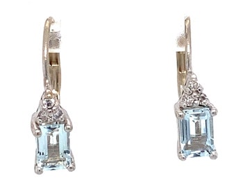 Circa 1950s 1.0 Carat Emerald Cut Aquamarine and Diamond Hoop Earrings in 14K White Gold, FD#54A-ATL