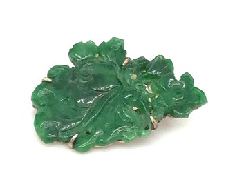 Circa 1800s Victorian Era Asian Carved Green Jade Brooch in 14 Karat Gold, FD#2043A-ATL