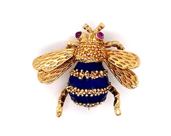 Circa 1960s Enamel and Cabochon Ruby Bee Brooch in 18 Karat Gold, FD#1847