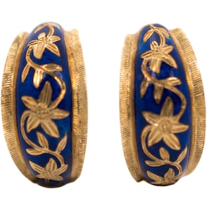 Circa 1950s 18 Karat Yellow Gold, Blue Enamel Floral Huggie Hoop Earrings, VJ#353A