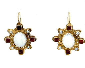 Circa 1960s Garnet, Opal and Pearl Dangle Earrings in 14 Karat Gold, FD#823A-ATL