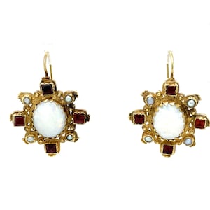 Circa 1960s Garnet, Opal and Pearl Dangle Earrings in 14 Karat Gold, FD#823A-ATL