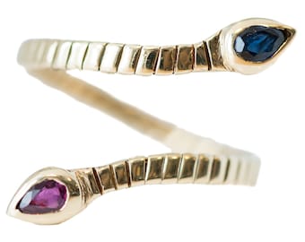 Vintage 14K Yellow Gold Two Headed Serpent Ring: Ruby & Sapphire