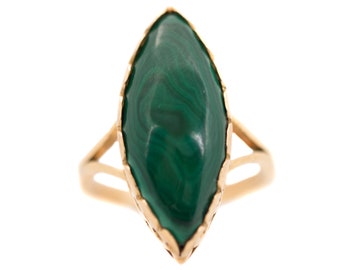 Circa 1980s Marquise cut Malachite and 18 Karat Yellow Gold Ring, VJ#397A