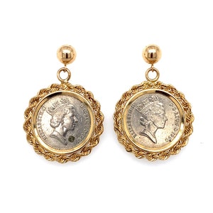 1990s British Five Pence Coin Earrings: 14K Gold Rope Frame