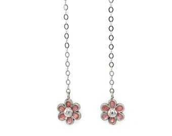 Circa 1990s Pink Enamel Flower Drop Earrings in 14K White Gold, FD#942A