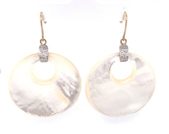 Circa 1980s Mother of Pearl and Diamond Circle Dangle Earrings in 14K Gold, FD#243A