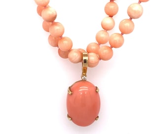 Circa 1980s Pink Coral Beaded Necklace with Oval Enhancer in 18K Gold, FD#223A