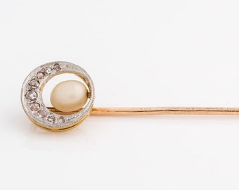 Circa 1890s Antique Victorian 14k & 10k Rose Gold, Platinum, Pearl and Diamond Stick Pin,  VJ #530