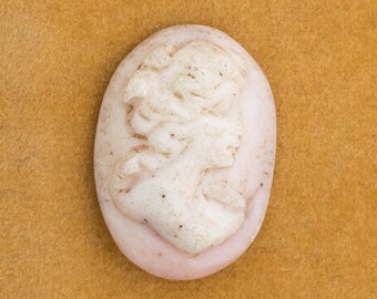 May include: A white cameo with a detailed carving of a person's face. The cameo is oval shaped and has a pink background.