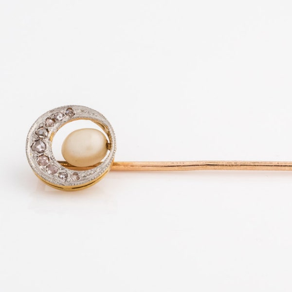 Circa 1890s Antique Victorian 14k & 10k Rose Gold, Platinum, Pearl and Diamond Stick Pin,  VJ #530