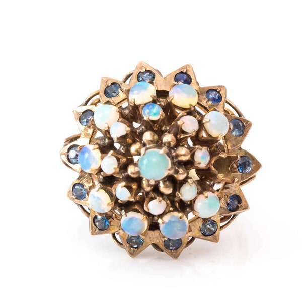 Circa 1940s Opal, Sapphire, 14k Yellow, White Gold Rotating Cluster Ring, VJ #903