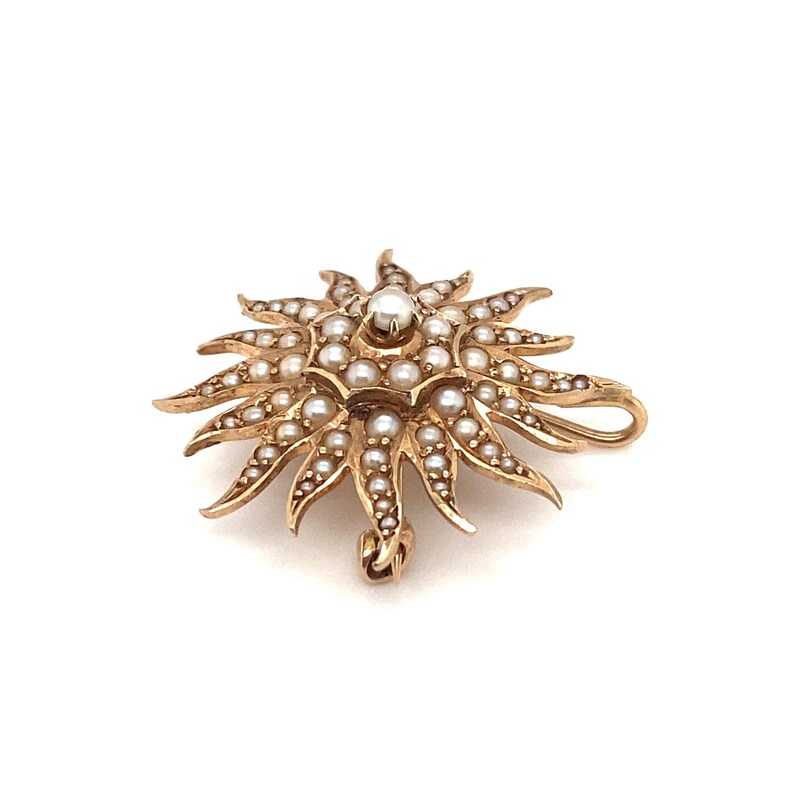 Circa 1890s Birks London Canada Sunburst Seed Pearl Brooch in 15 Karat Yellow Gold, FD1588-ATL image 4