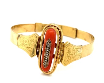 Circa 1890s Victorian Coral and Diamond Bracelet in 14K Gold, FD#872-ATL