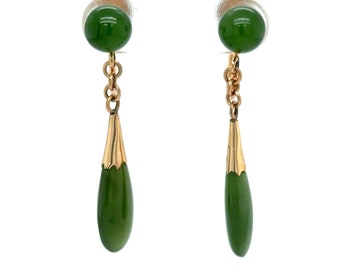 Circa 1960s Green Jade Dangle Screw Back Earrings in 14K Gold