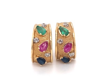 Circa 1970s Tutti Frutti Sapphire, Ruby, Emerald and Diamond Half Hoop Earrings in 14K Gold