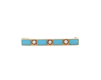 1950s Retro Turquoise and Pearl Bar Pin in 14K Gold, FD#679-ATL