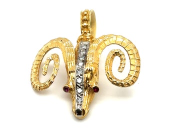 Circa 2000s Diamond and Ruby Aries Ram Pendant in 18 Karat Yellow Gold, FD#809A