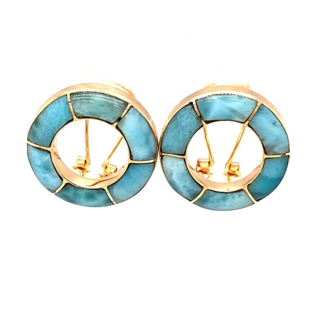 Circa 1990s Larimar Inlay Earrings in 14 Karat Yellow Gold, FD#5B