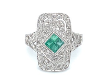 1980s Art Deco 14K White Gold Emerald and Diamond Ring