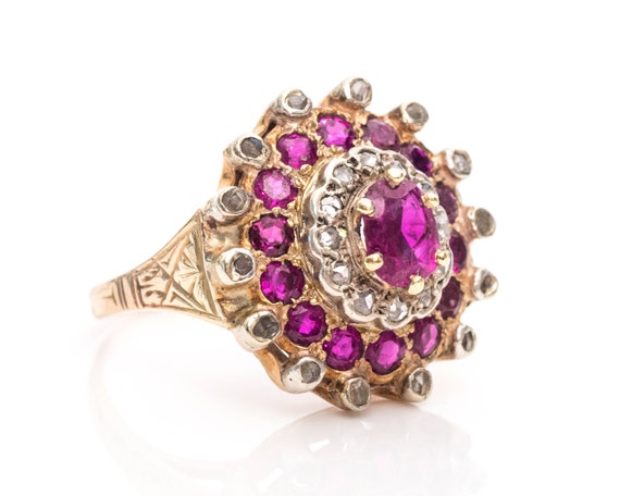 Circa 1950s Ruby, Diamond, 14k Rose Gold Ring, VJ… - image 1